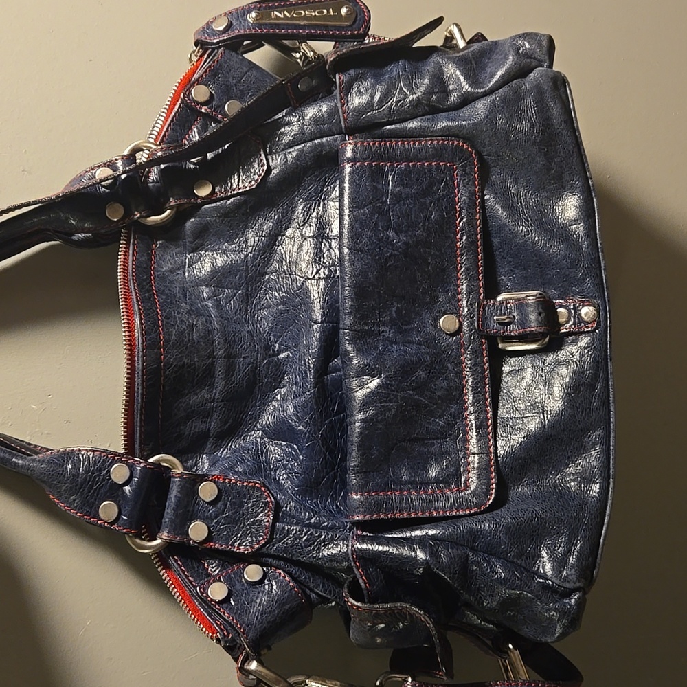 Toscani Italian Leather Satchel Navy Blue - Picture 2 of 11